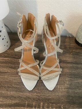Jessica Simpson Silver Crystal-Strap Stiletto Sandals